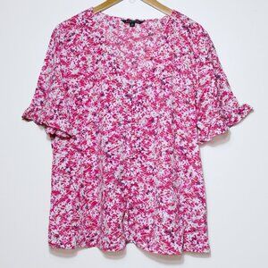 Zac & Rachel Womens Ditsy Floral Pink Button Front Top Ruffle Textured Spring XL